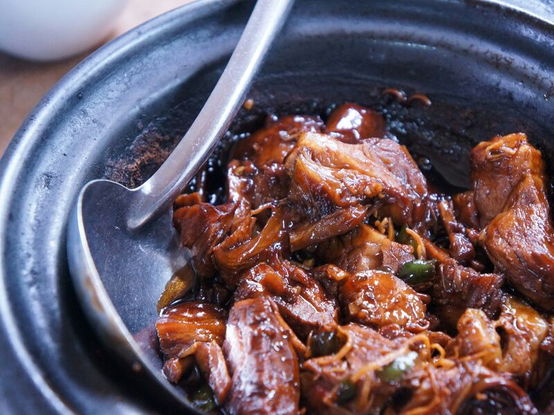 Pieces of braised meat in a dark, glossy stew with a serving spoon